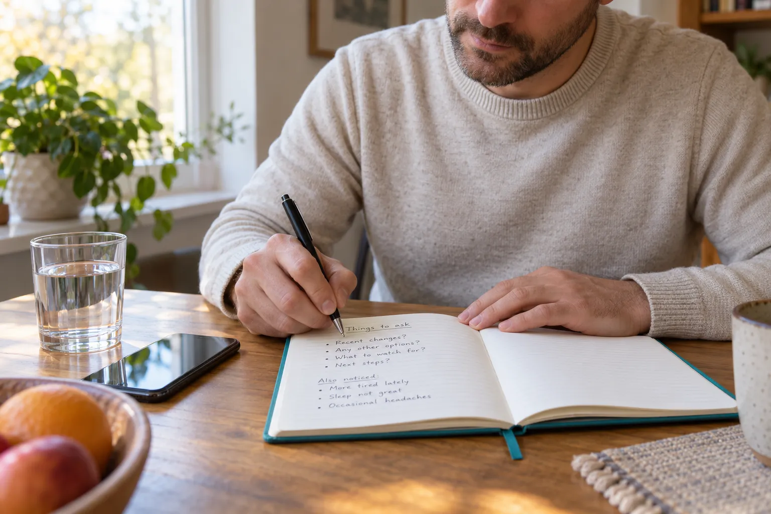 Une personne écrit dans un carnet, avec un verre d’eau et un téléphone posés sur la table.
