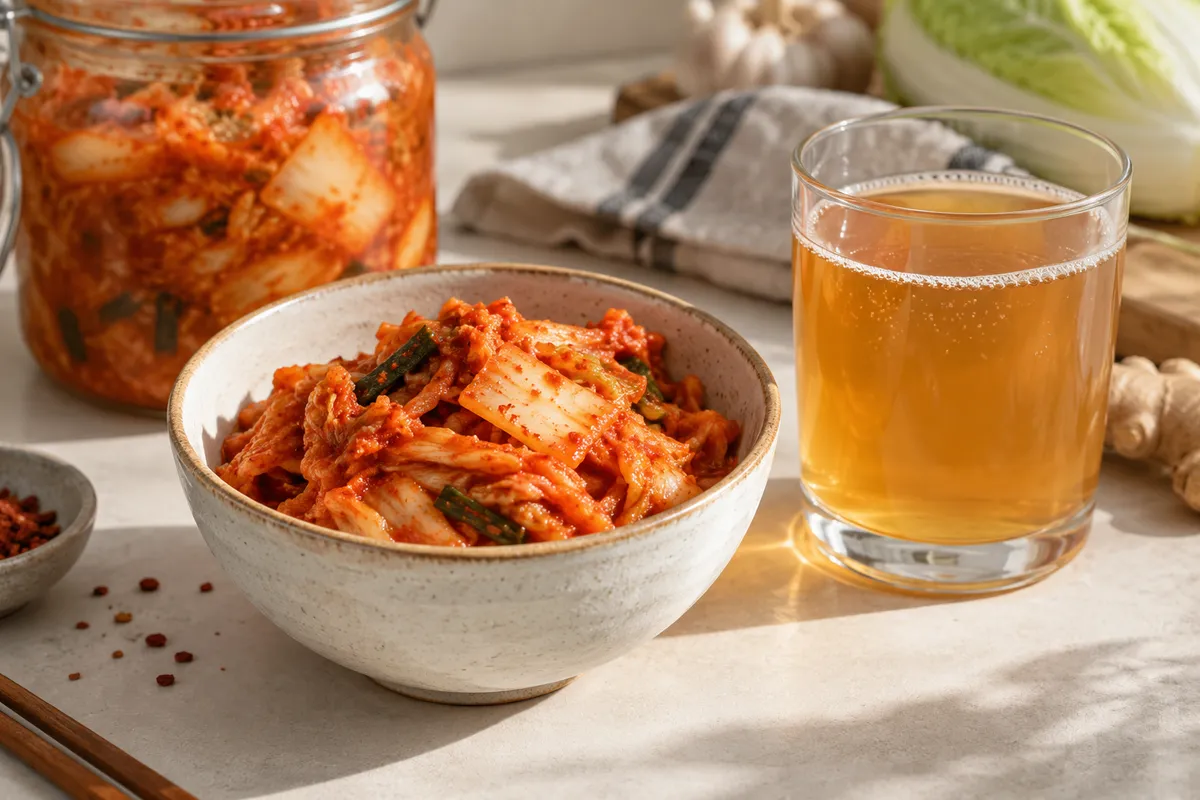 Bol de kimchi et verre de boisson ambrée sur une table de cuisine.
