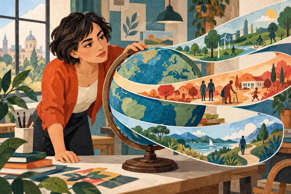 Illustration éditoriale d’une femme observant un globe entouré de plusieurs trajectoires possibles.