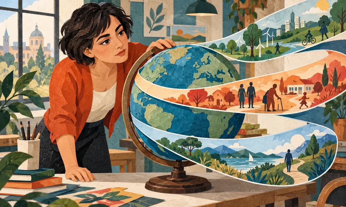 Illustration éditoriale d’une femme observant un globe entouré de plusieurs trajectoires possibles.