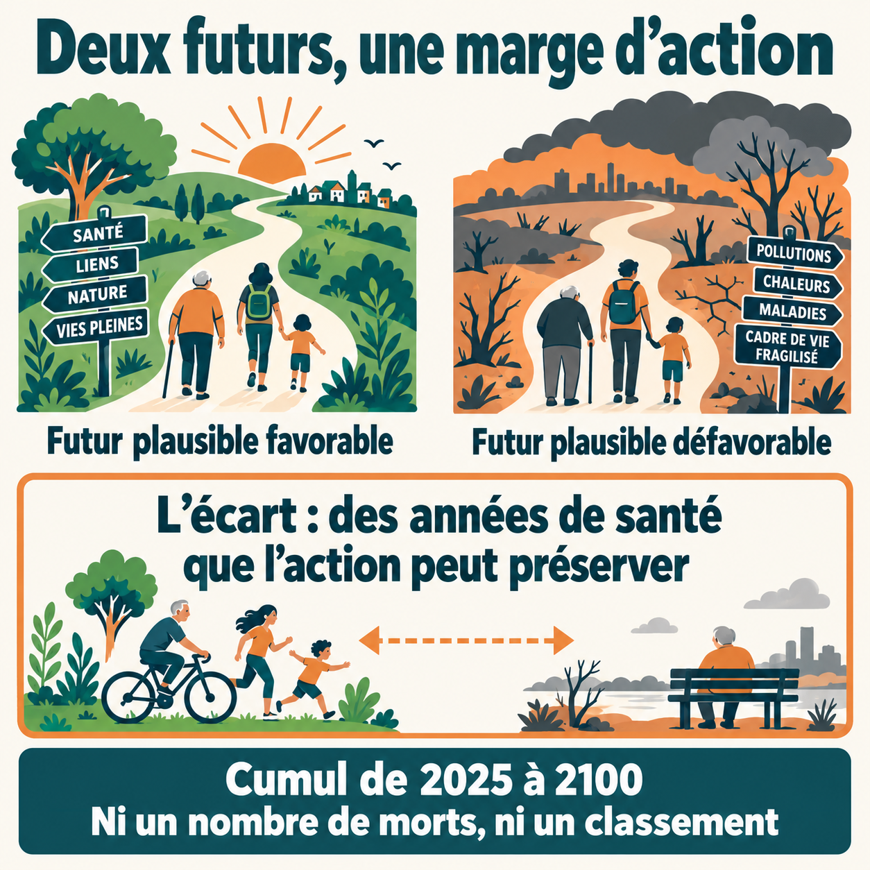 Comparaison conceptuelle de deux futurs plausibles : leur écart correspond à des années de santé que l’action peut préserver entre 2025 et 2100.