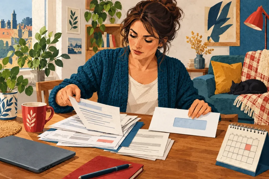Une femme organise des papiers administratifs et une enveloppe sur une table.