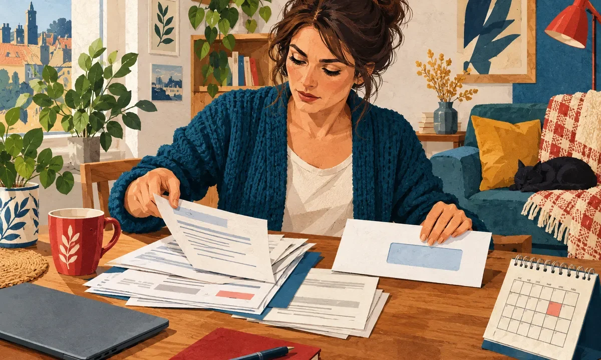 Une femme organise des papiers administratifs et une enveloppe sur une table.