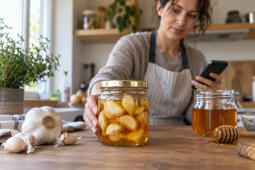 Un bocal contenant de l’ail et du miel sur un plan de travail, avec une personne et un téléphone en arrière-plan.