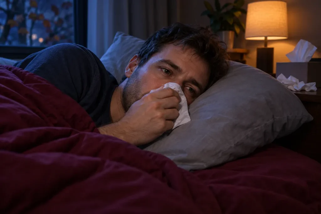 Un homme éveillé dans son lit tient un mouchoir près du nez.