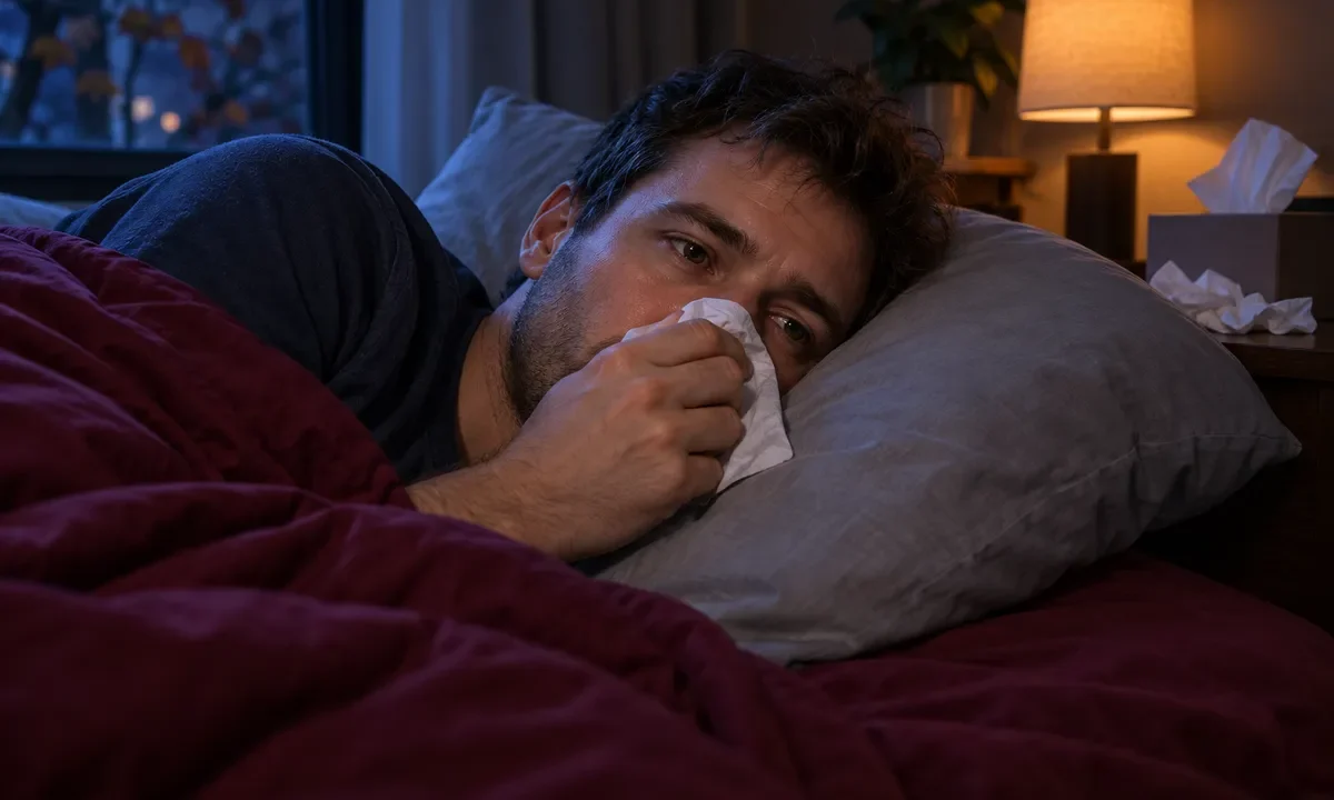 Un homme éveillé dans son lit tient un mouchoir près du nez.