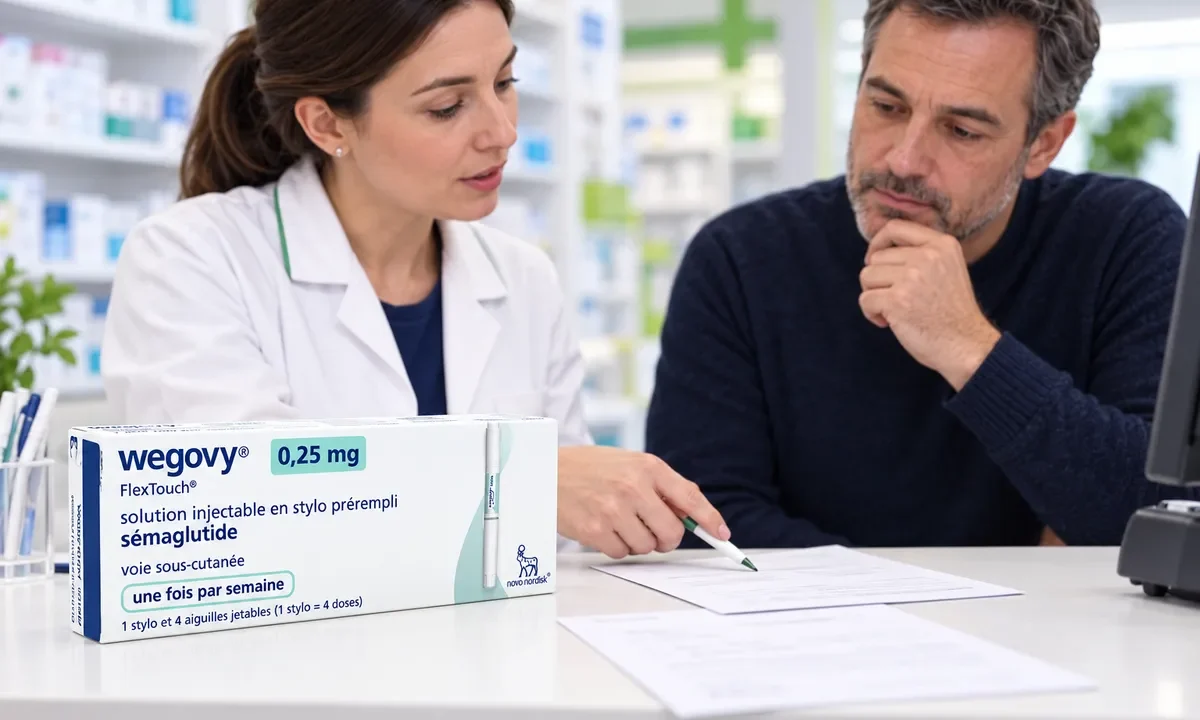 Échange au comptoir d’une pharmacie autour d’une boîte de médicament et de documents.