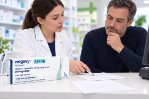 Échange au comptoir d’une pharmacie autour d’une boîte de médicament et de documents.