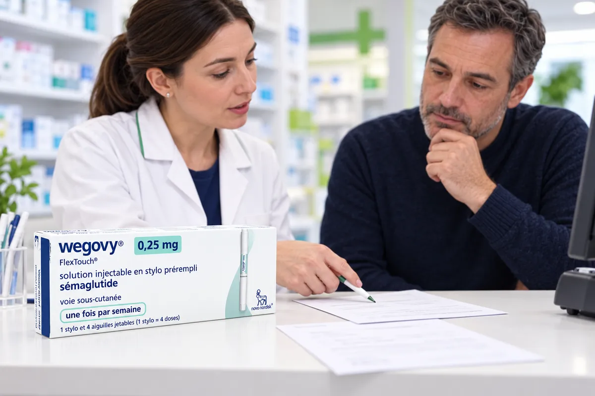 Échange au comptoir d’une pharmacie autour d’une boîte de médicament et de documents.