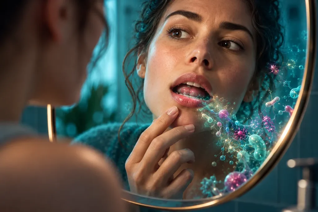 Portrait conceptuel d’un jeune adulte devant un miroir, avec un univers microbien discret évoquant la bouche.