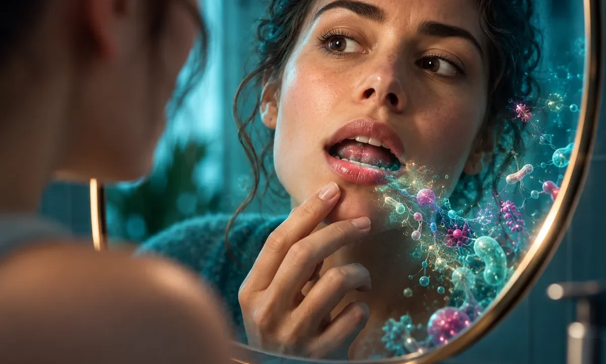 Portrait conceptuel d’un jeune adulte devant un miroir, avec un univers microbien discret évoquant la bouche.