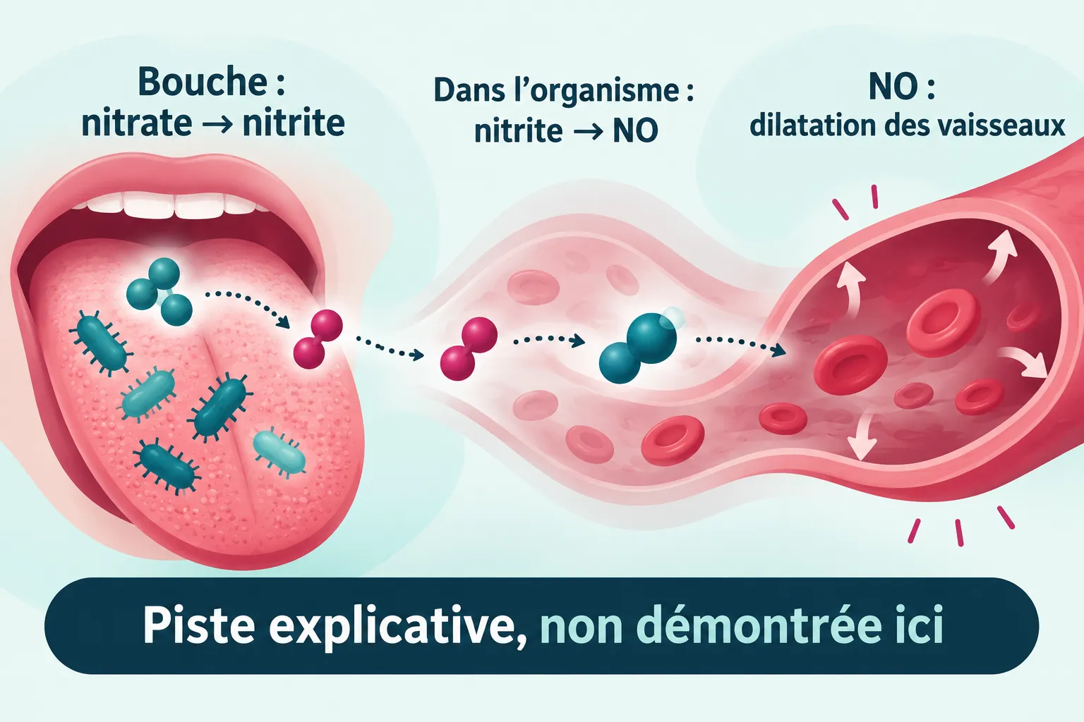 Schéma simplifié de la voie nitrate-nitrite-NO : bactéries de la bouche, formation de NO dans l’organisme et rôle dans la dilatation des vaisseaux.