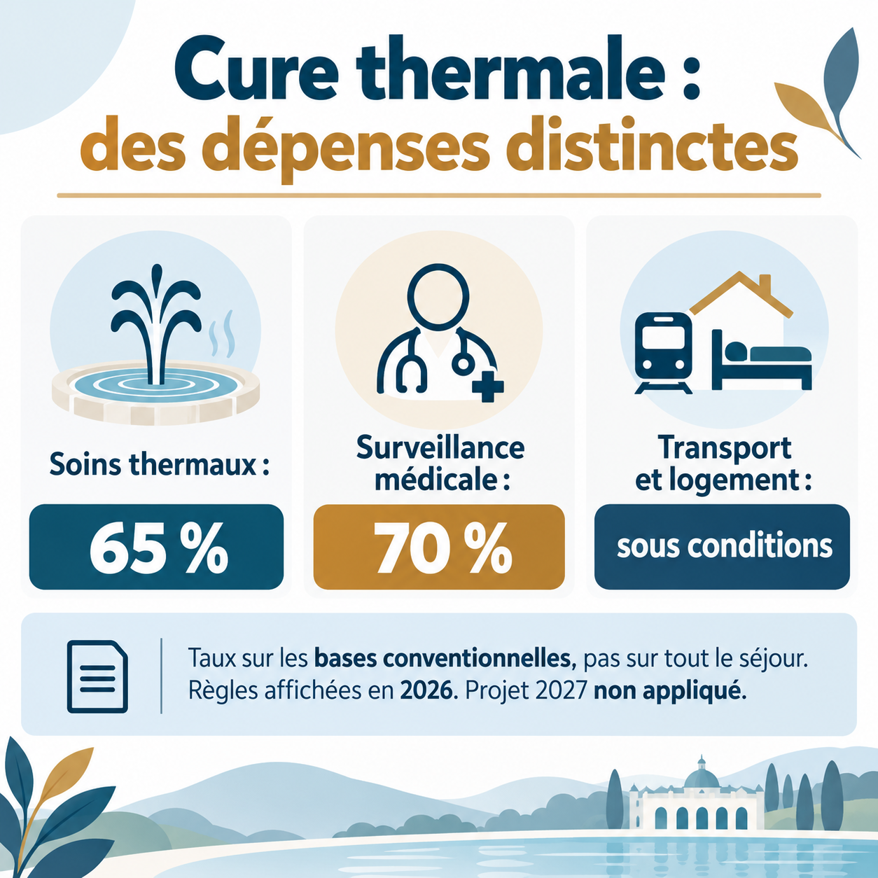 Règles de 2026 : forfait thermal à 65 % et surveillance médicale à 70 % des bases conventionnelles ; transport et logement sous conditions.