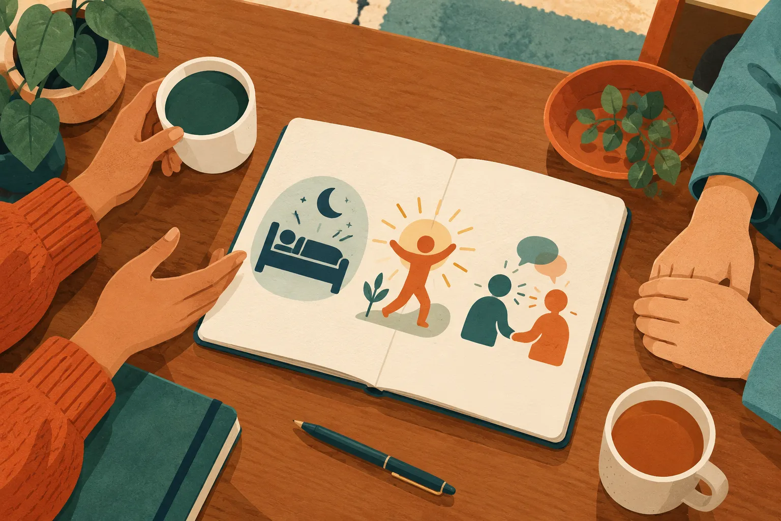 Des mains autour d’un carnet illustrant le sommeil, l’énergie et les échanges.