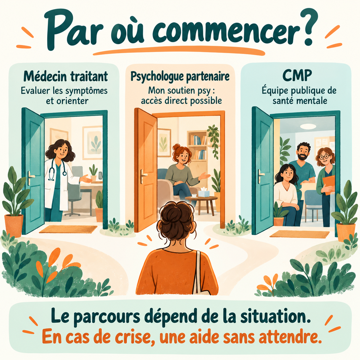 Trois portes d’entrée possibles : médecin traitant, psychologue partenaire de Mon soutien psy et centre médico-psychologique.
