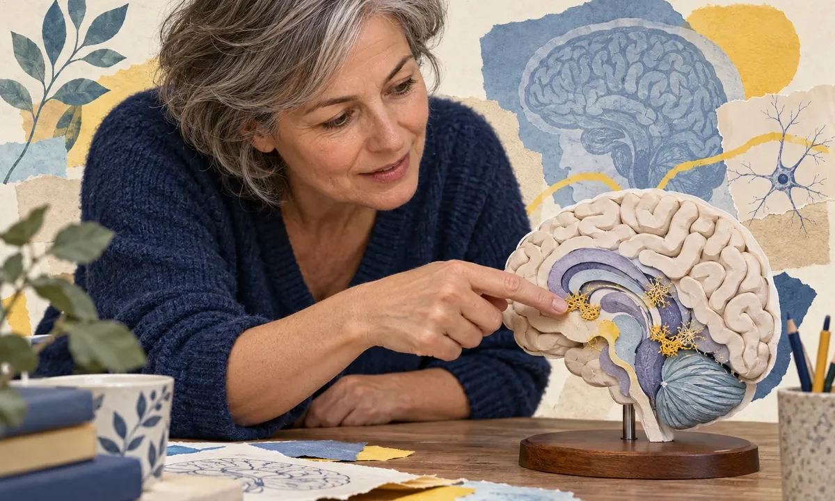 Une femme attentive près d'un modèle de cerveau posé sur une table, dans un montage éditorial bleu et jaune.