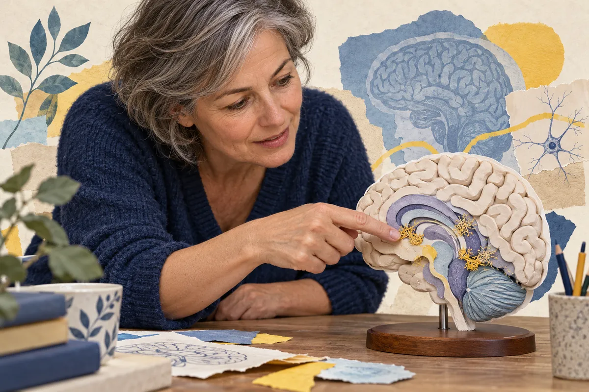 Une femme attentive près d'un modèle de cerveau posé sur une table, dans un montage éditorial bleu et jaune.