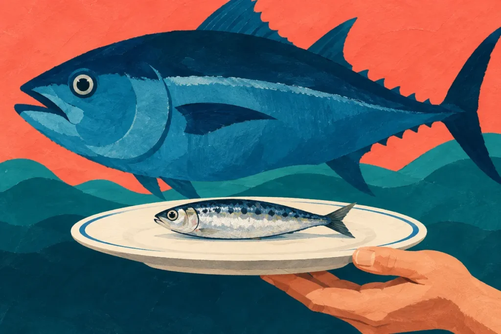 Illustration de petits et grands poissons au-dessus d’une assiette.
