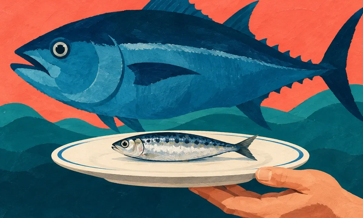 Illustration de petits et grands poissons au-dessus d’une assiette.
