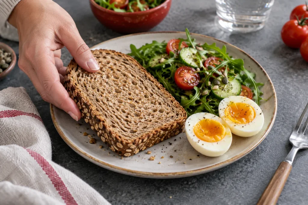 Une main dépose une tranche de pain dans une assiette de repas.