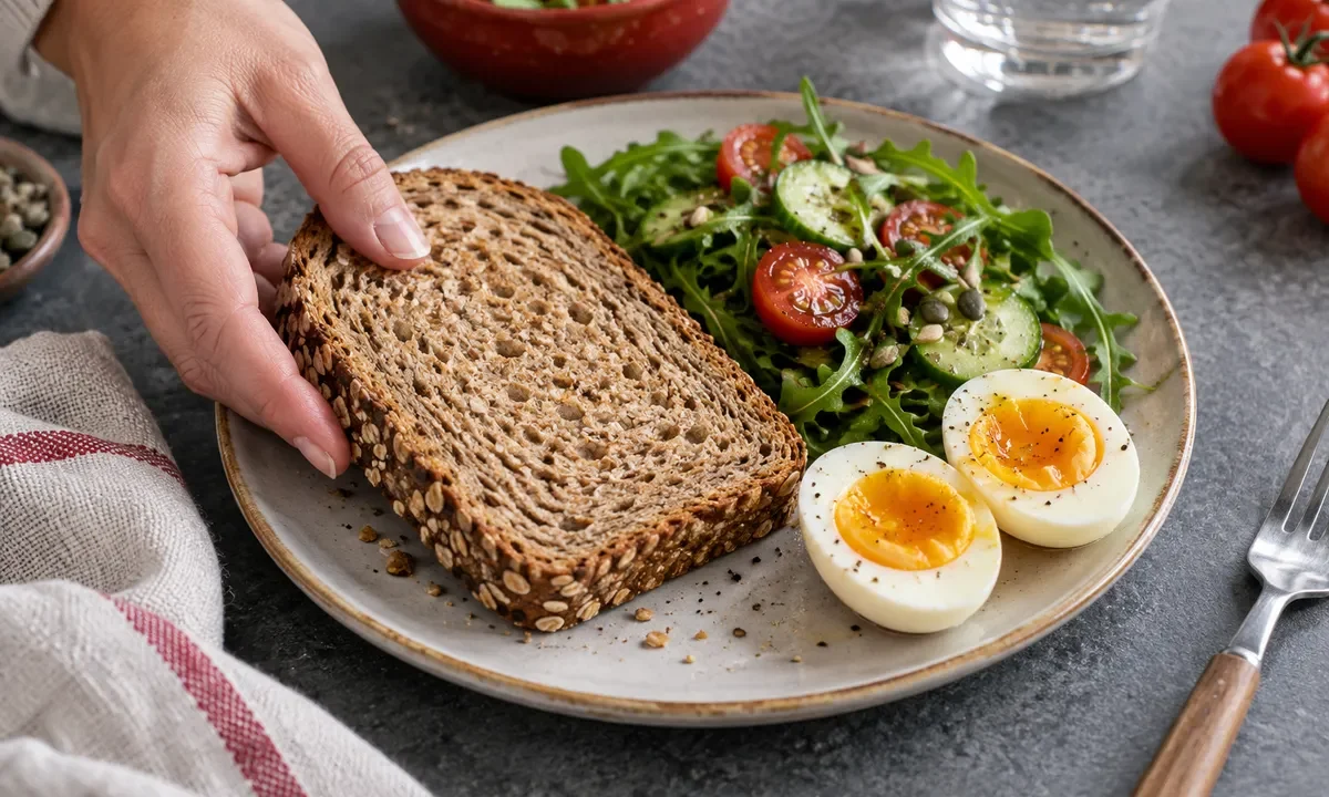 Une main dépose une tranche de pain dans une assiette de repas.