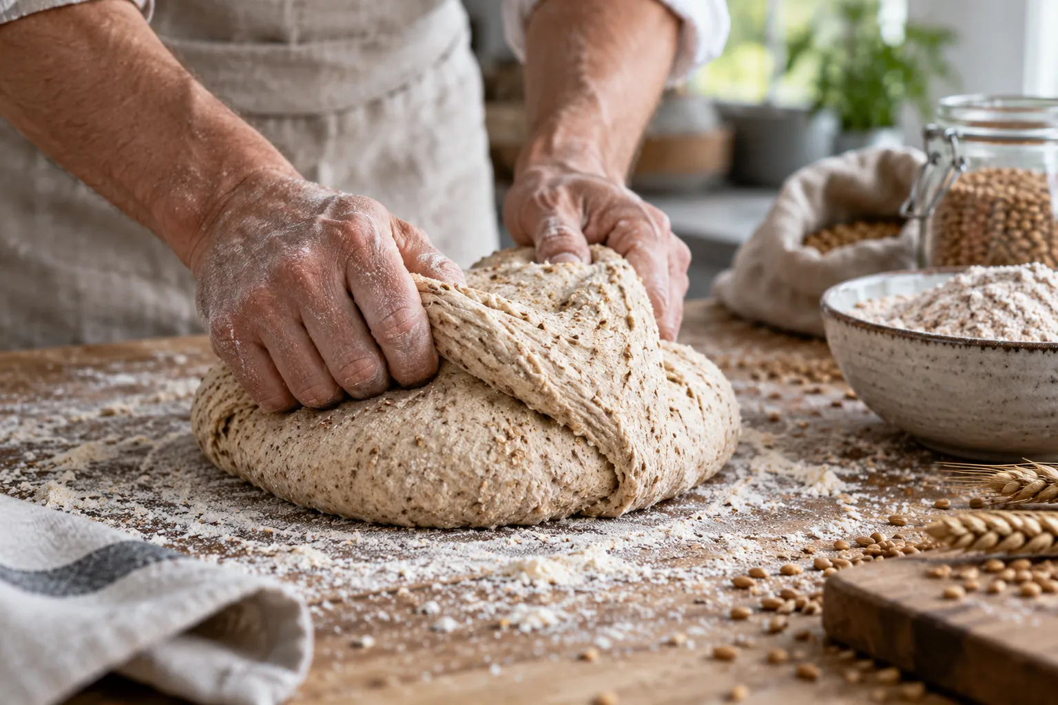 Des mains travaillent une pâte à pain sur un plan fariné.