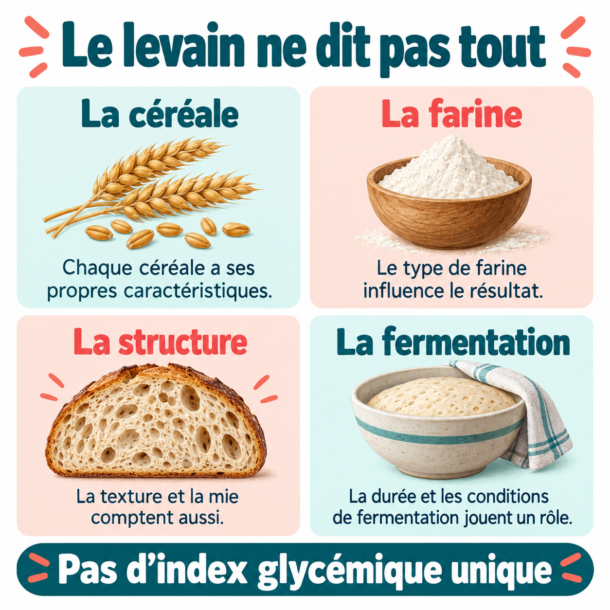 Céréale, farine, structure et fermentation sont des informations distinctes sur le pain.