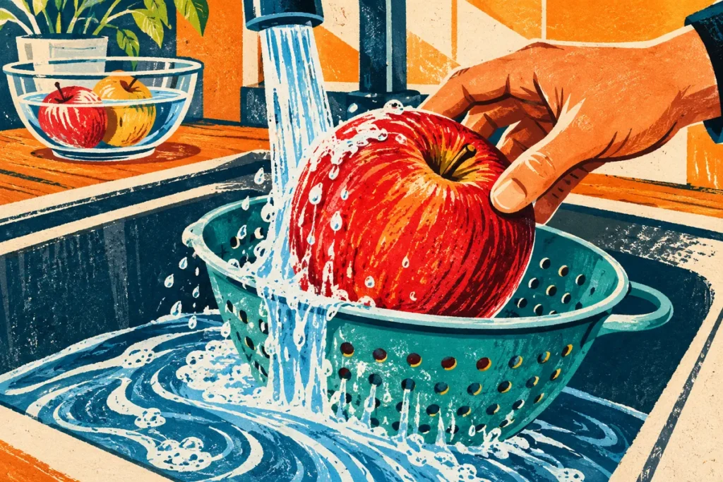 Composition dessinée d’une pomme rouge tenue dans une passoire sous un filet d’eau.