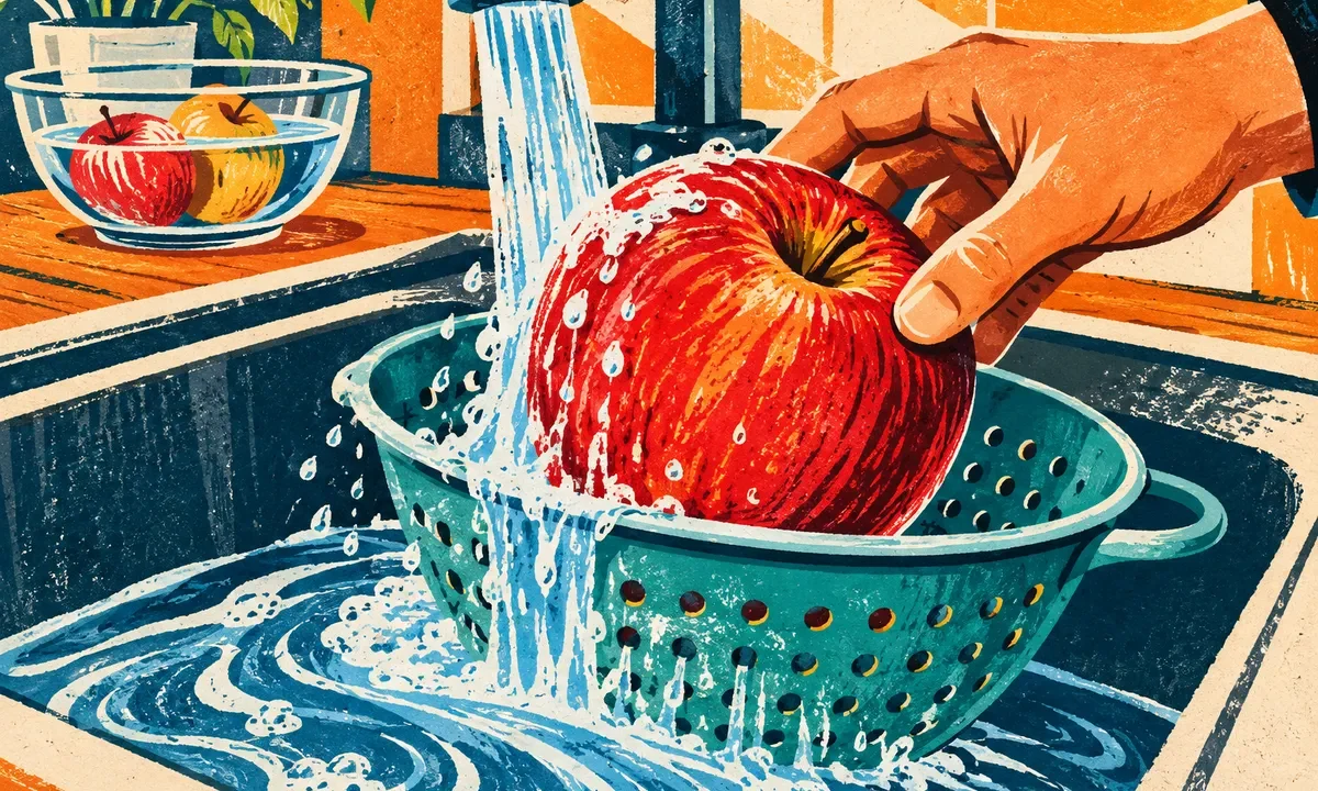 Composition dessinée d’une pomme rouge tenue dans une passoire sous un filet d’eau.