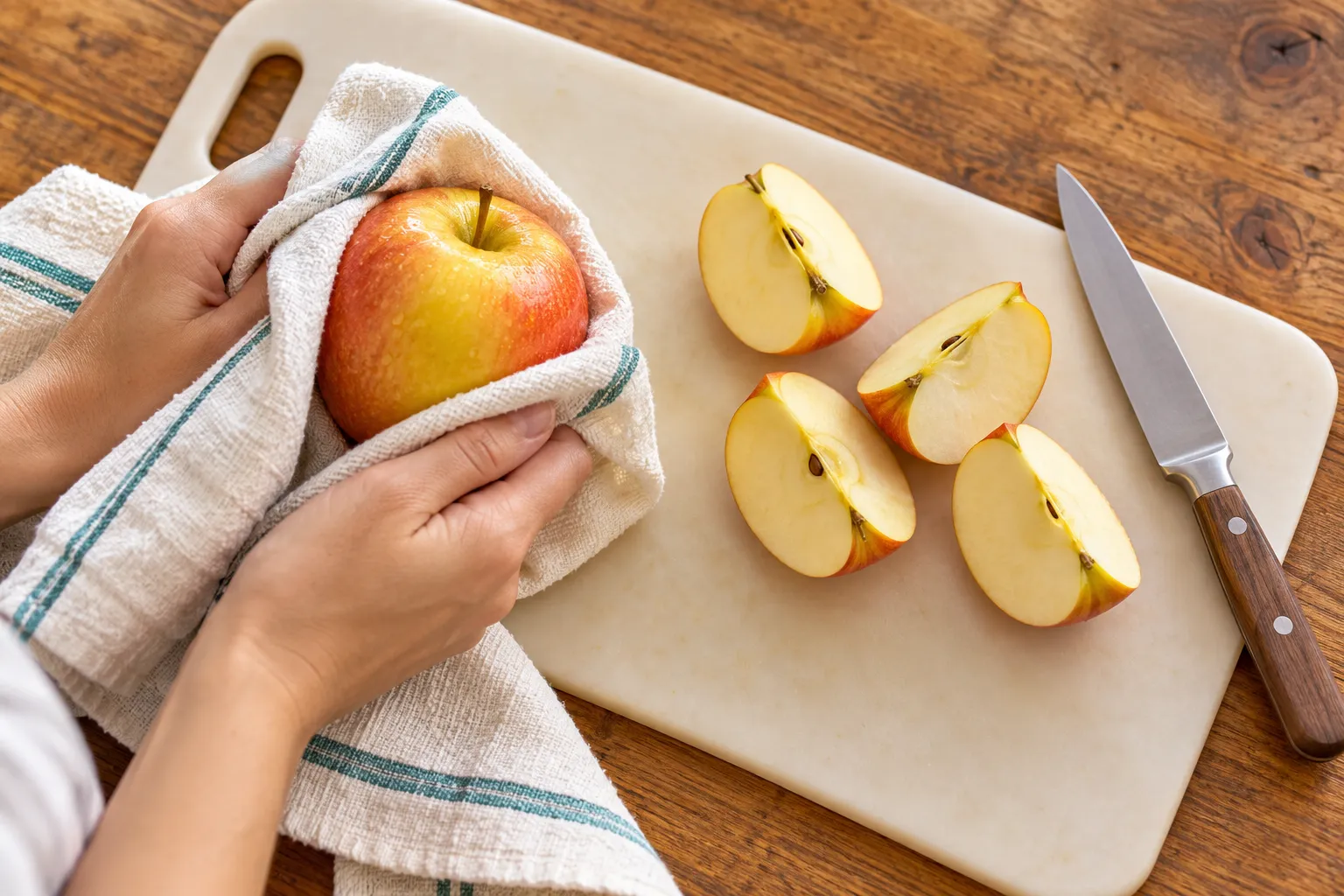 Une main sèche une pomme avec un linge propre, près de quartiers de fruit et d’un couteau posé.