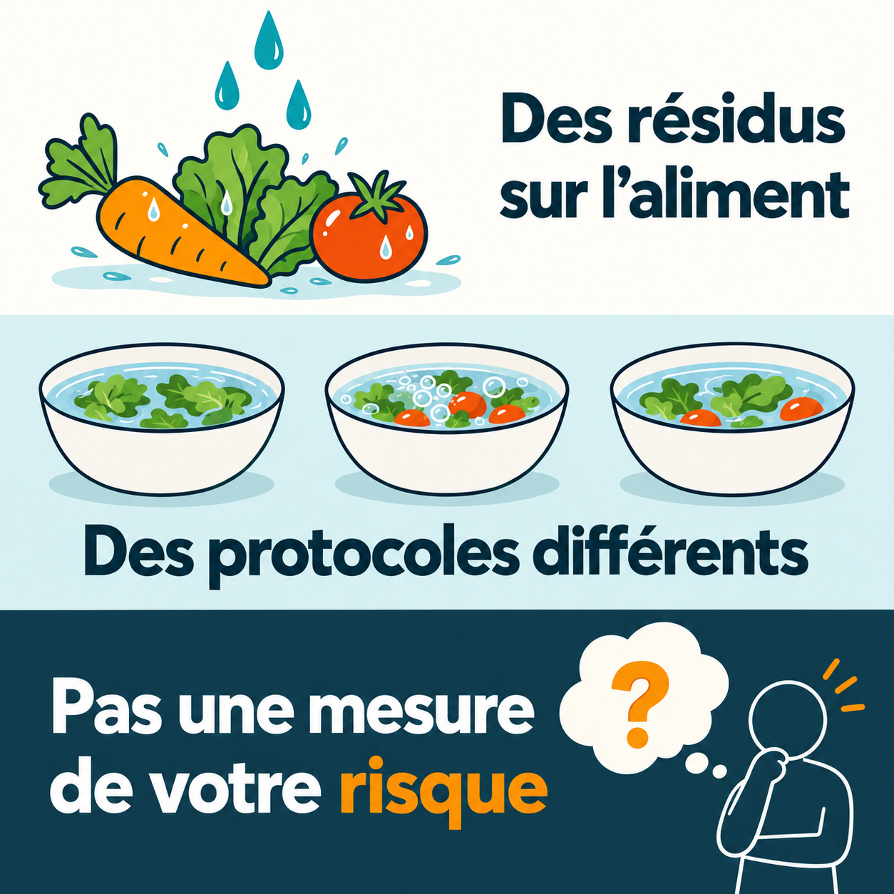 Trois repères : des résidus sur l’aliment, des protocoles différents et pas une mesure de votre risque.