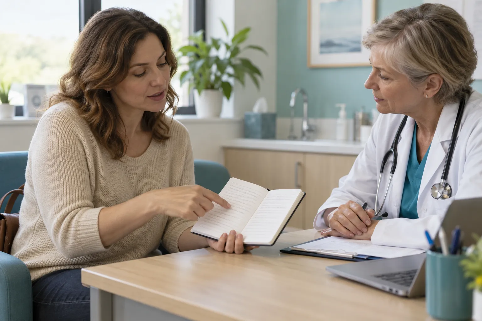 Une personne montre un carnet à un professionnel de santé lors d’un échange au bureau.