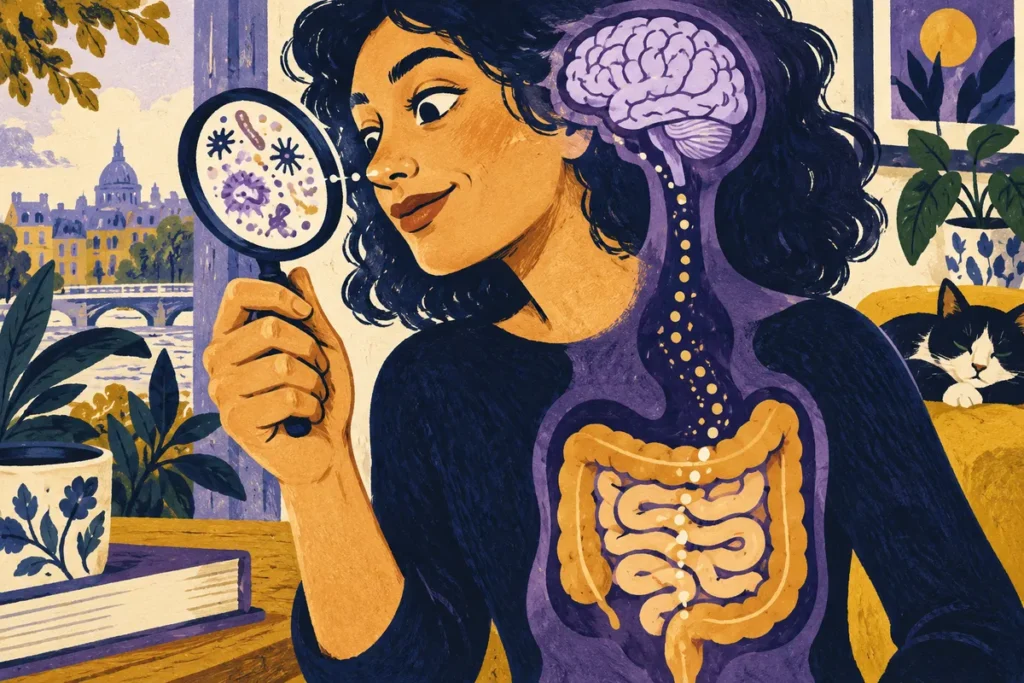 Illustration conceptuelle sur les liens entre microbiote et cerveau.