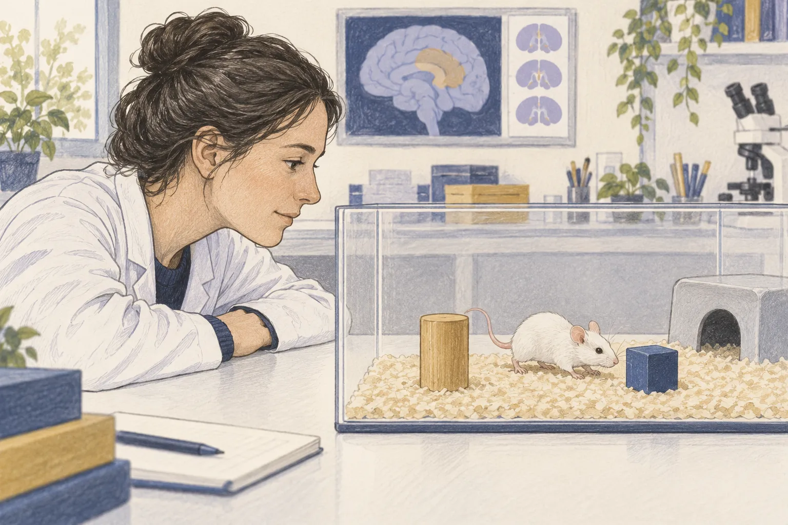 Illustration d’une observation de souris en présence d’objets dans un cadre expérimental.