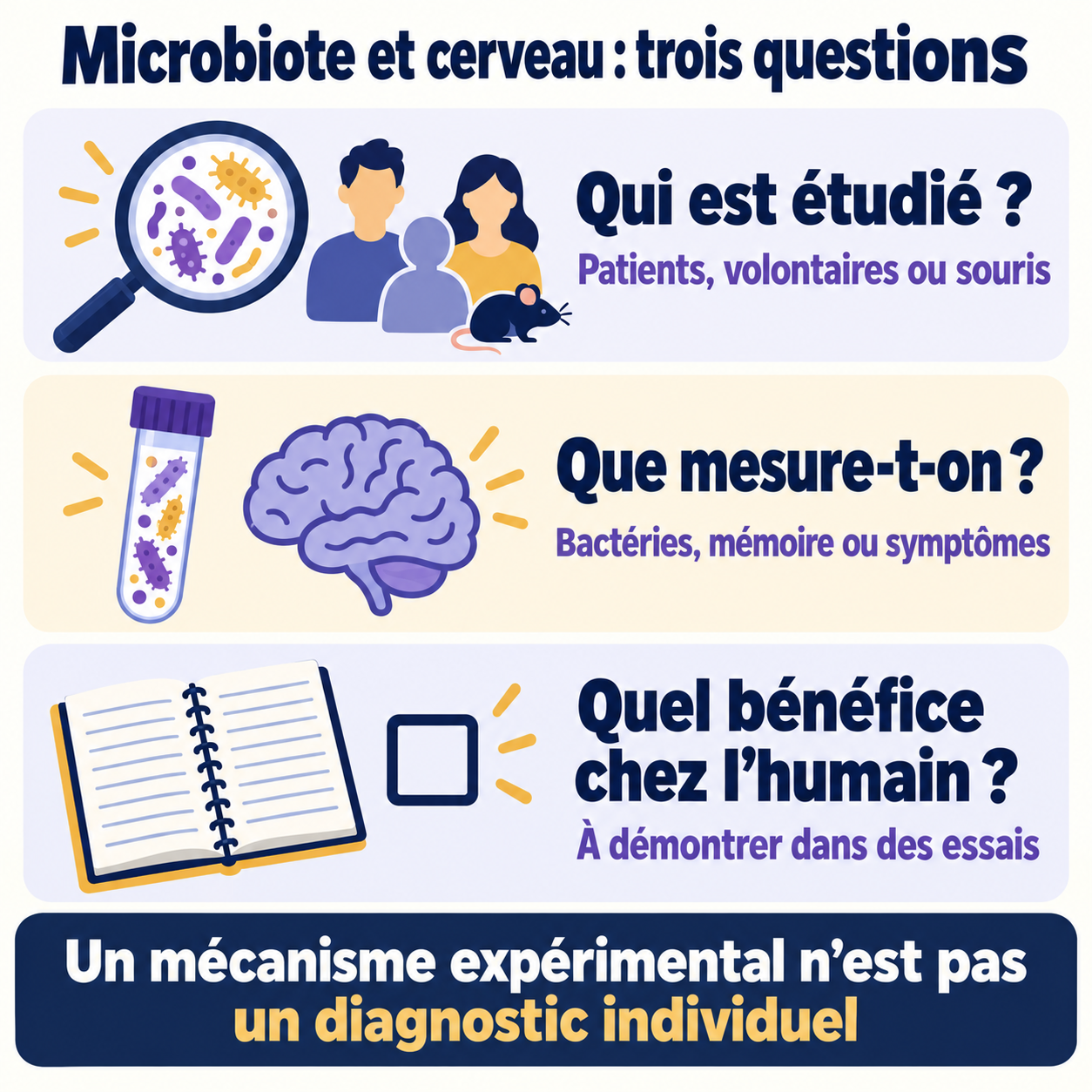 Trois questions pour distinguer la population étudiée, le résultat mesuré et le bénéfice clinique.