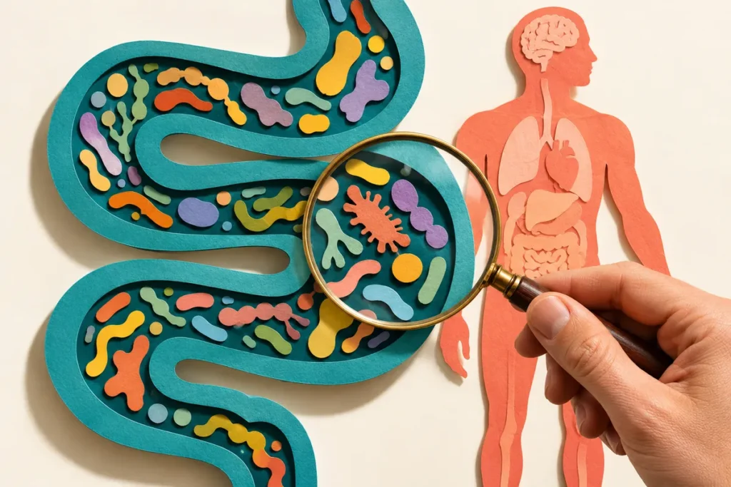 Microbiote intestinal et observation d’un résultat partiel, illustration conceptuelle.