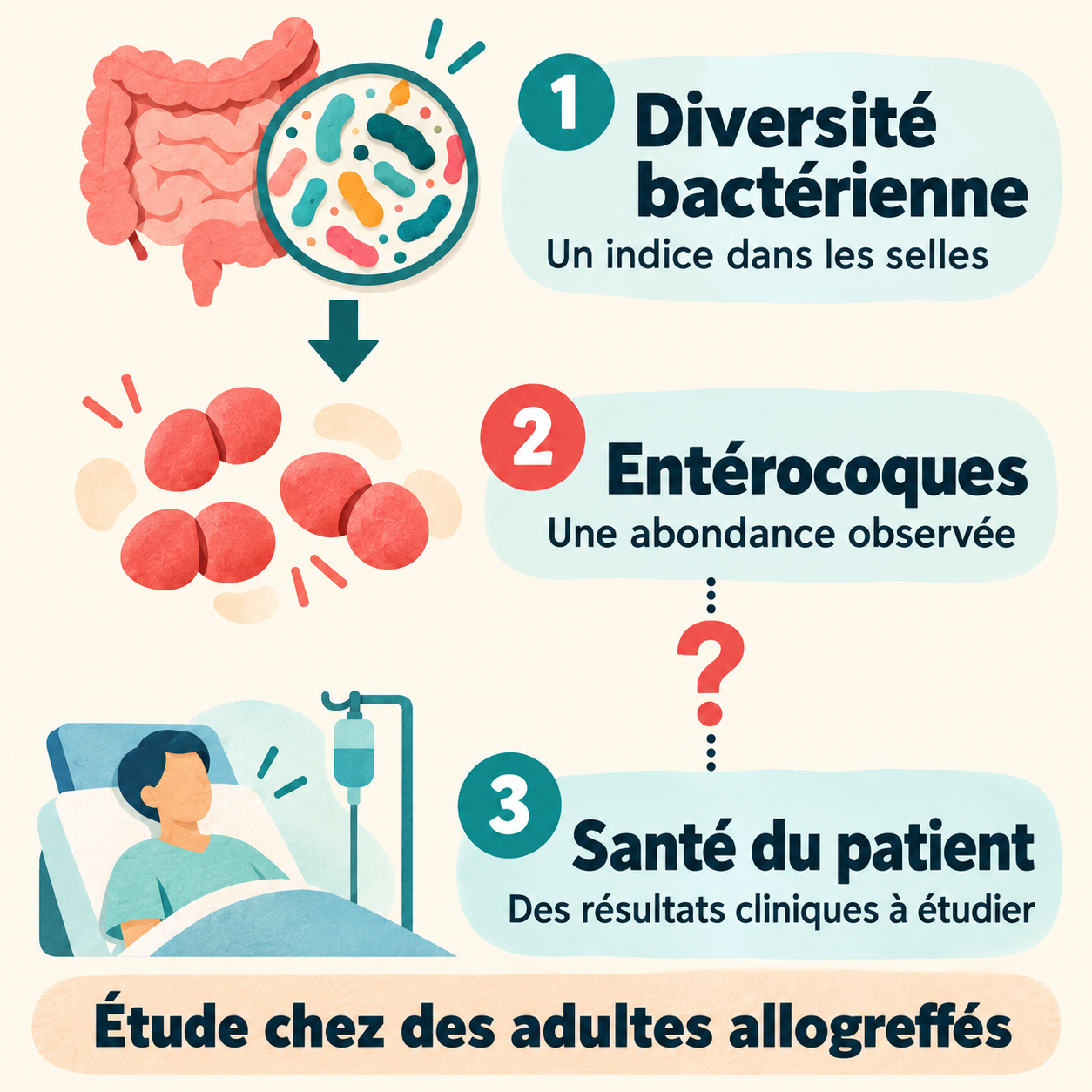 Diversité bactérienne, abondance des entérocoques et santé du patient : trois niveaux de résultats distincts.