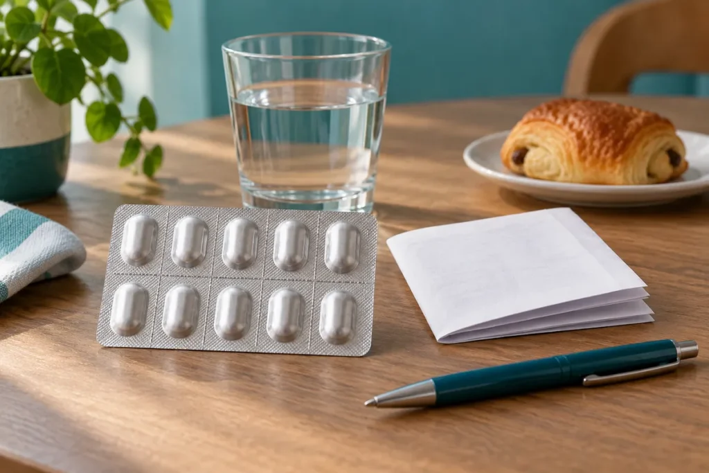 Illustration : blister argenté non identifié, papier plié et verre d’eau sur une table ; une viennoiserie est au second plan.
