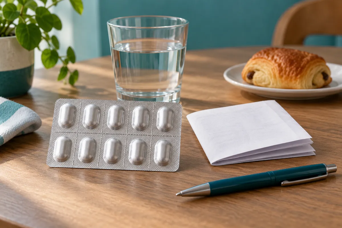 Illustration : blister argenté non identifié, papier plié et verre d’eau sur une table ; une viennoiserie est au second plan.