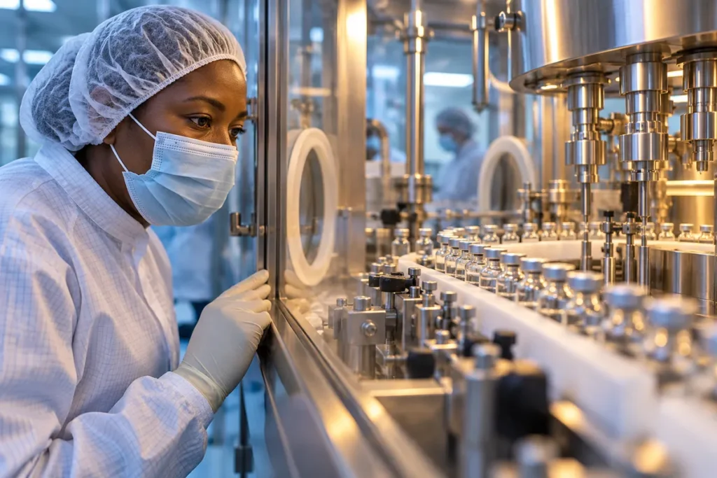 Technicienne en tenue de salle propre devant un équipement industriel de remplissage de flacons.