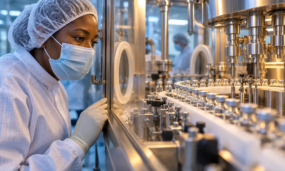 Technicienne en tenue de salle propre devant un équipement industriel de remplissage de flacons.