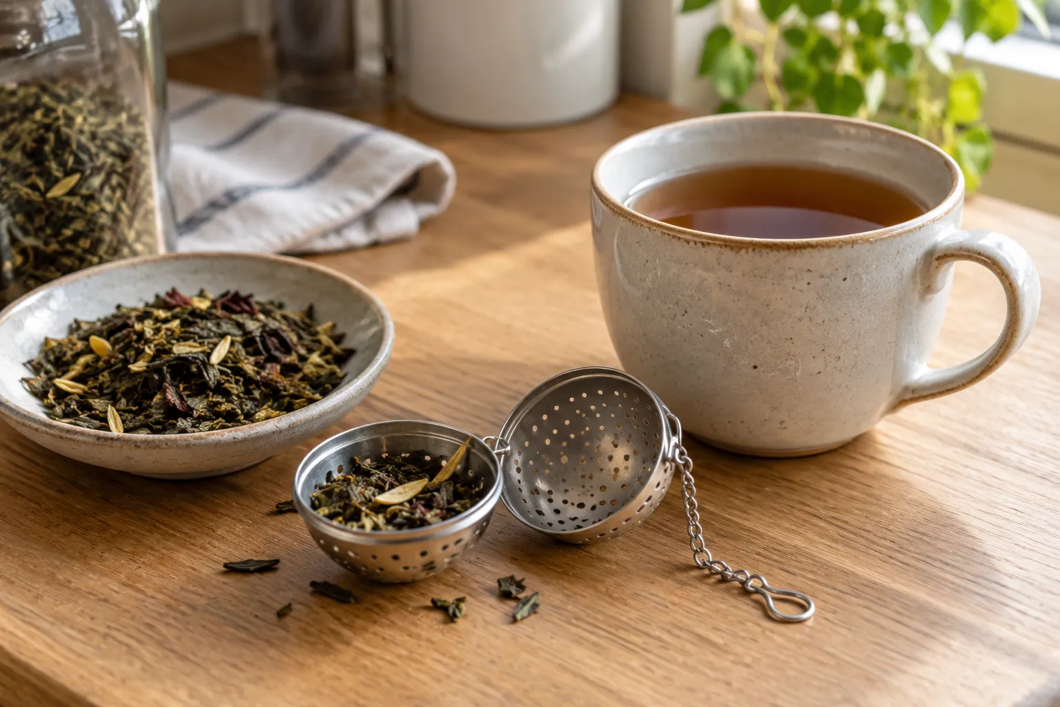 Des feuilles de thé en vrac et un infuseur métallique ouvert à côté d’une tasse.