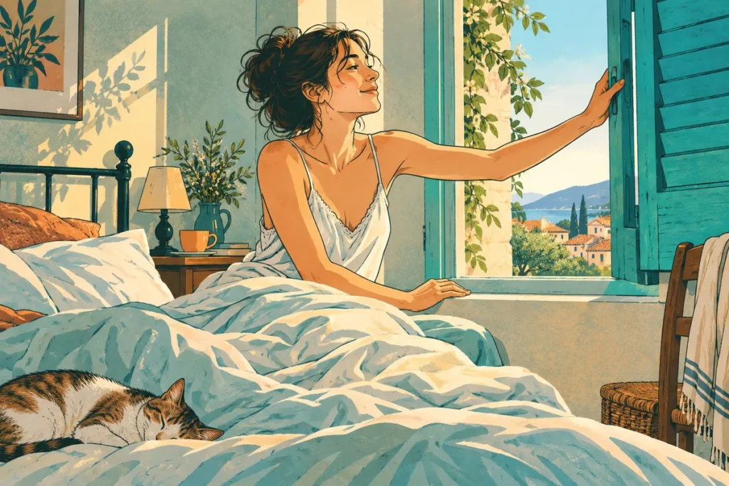 Illustration d’un adulte ouvrant un volet au réveil, dans une chambre aux couleurs turquoise et abricot.