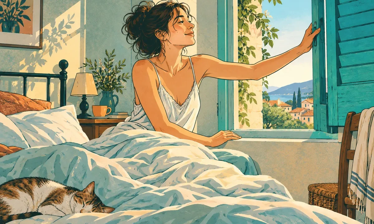 Illustration d’un adulte ouvrant un volet au réveil, dans une chambre aux couleurs turquoise et abricot.