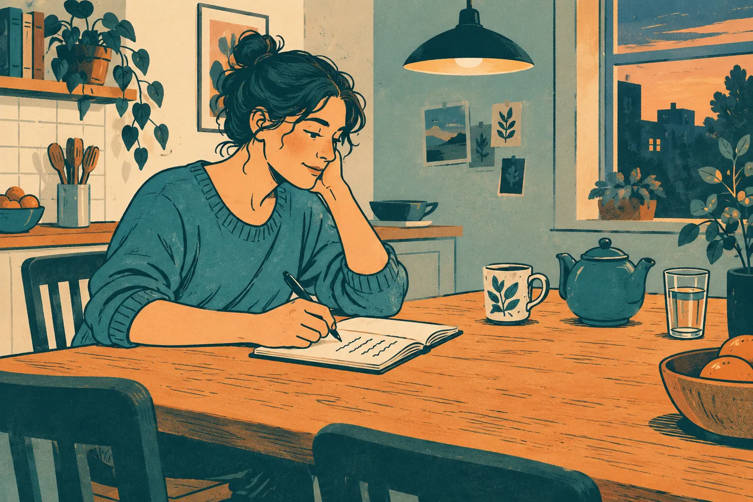 Illustration d’un adulte prenant des notes à une table, près de plusieurs boissons.
