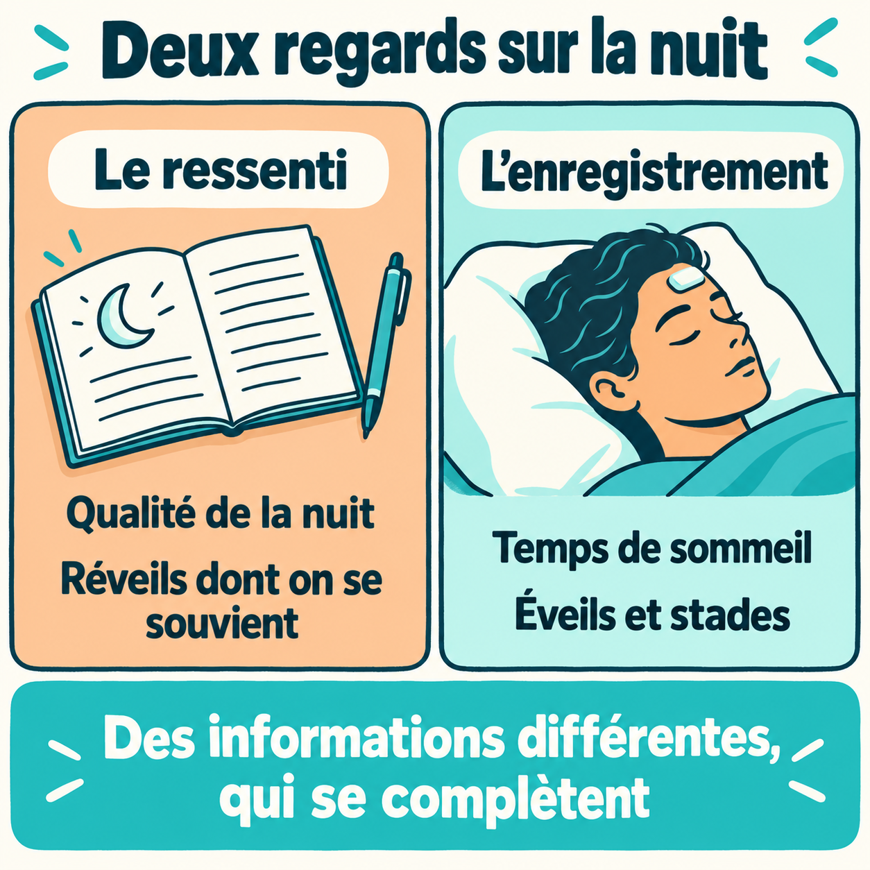 Deux regards complémentaires sur la nuit : qualité et éveils remémorés, temps de sommeil et éveils enregistrés.
