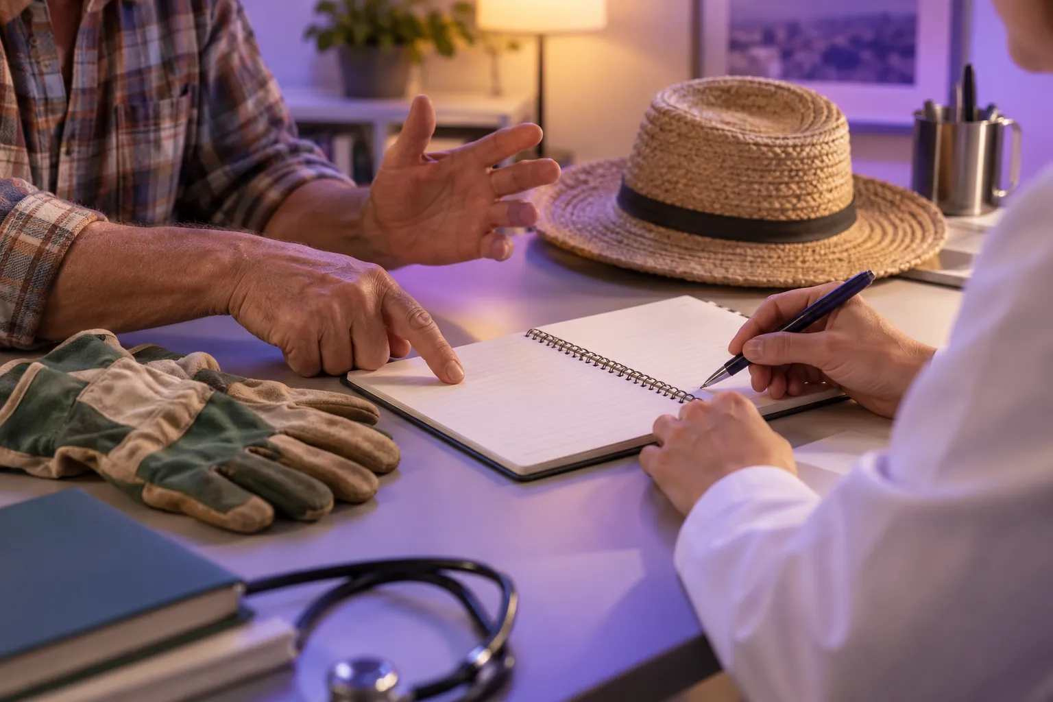 Des mains près d’un carnet et d’objets évoquant les activités de travail en extérieur.