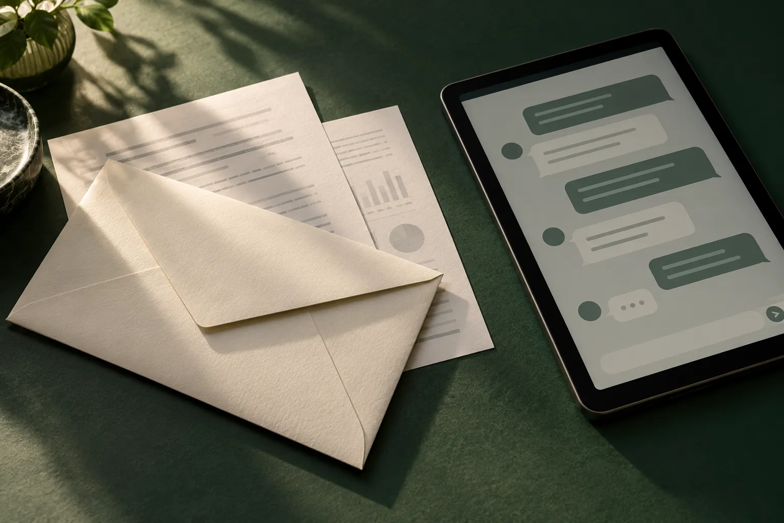 Une enveloppe fermée et des documents à côté d’une tablette présentant une conversation abstraite.