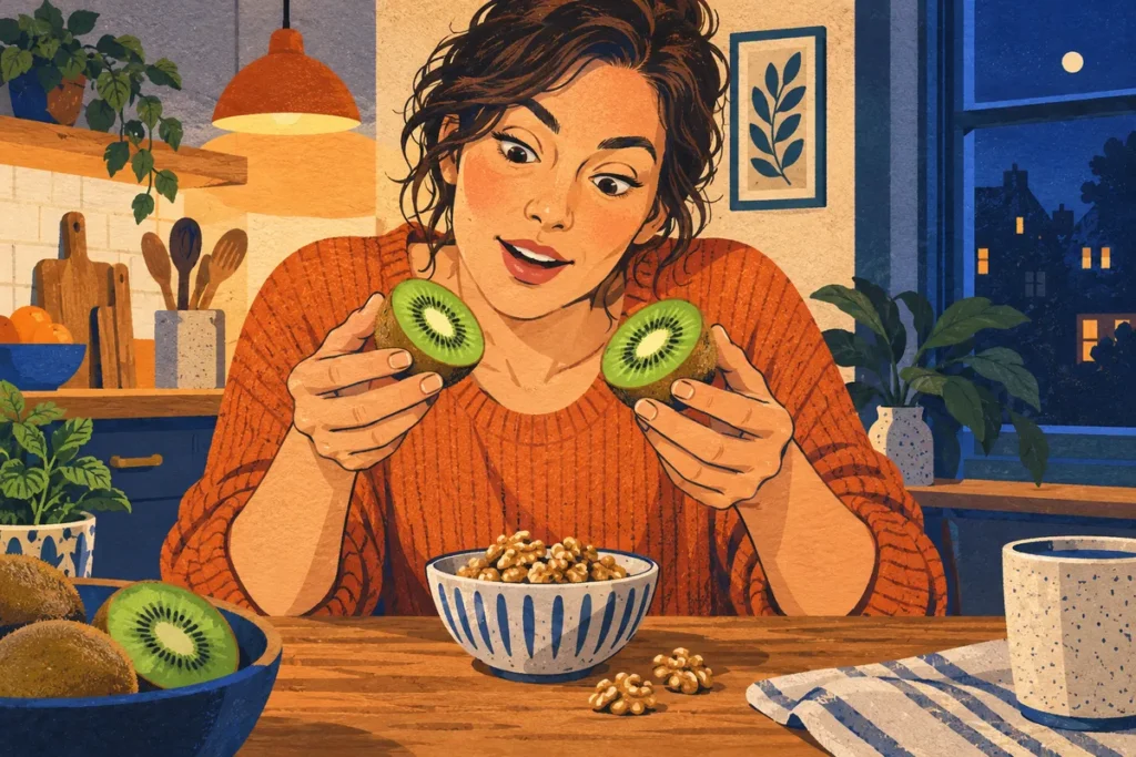 Une adulte à table tient des kiwis à proximité d’un bol de noix dans une scène dessinée.