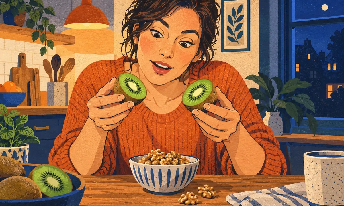 Une adulte à table tient des kiwis à proximité d’un bol de noix dans une scène dessinée.